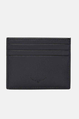 The RM Williams Farrier Card Holder is crafted from premium black leather, featuring three card slots and a subtle embossed longhorn logo at the bottom center for a simple, minimalistic look.