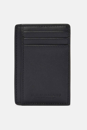 The RM Williams Farrier Cardholder with Money Clip is a black slimline wallet made from premium leather. It features three card slots on the front and embossed "R.M. Williams" text, all enhanced by a minimalist design with neat stitching.