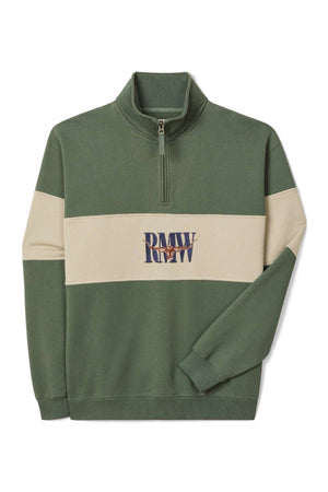 The RM Williams Heritage 1/4 Zip Sweatshirt is a green and beige pullover with a horizontal beige stripe, featuring large blue and red overlapping "RMW" embroidery on the front.