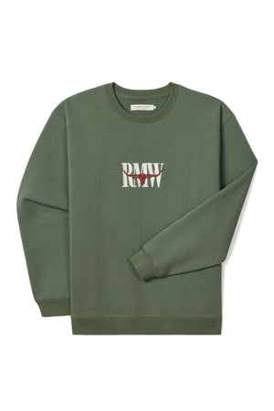 The RM Williams Heritage Crew Sweatshirt is a green crewneck with ribbed cuffs and hem, featuring large "RMW" letters in stylized white and red font on the chest.