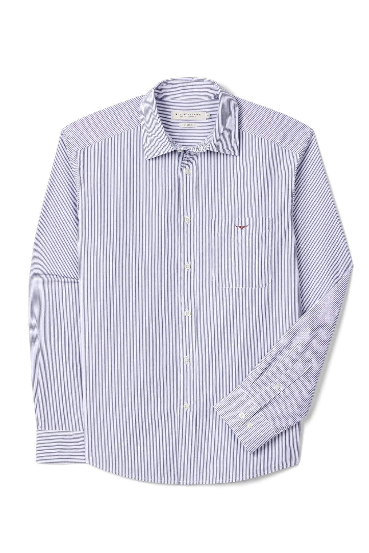 The RM Williams Ingham Poplin Stripe Shirt features long sleeves, thin blue and white vertical stripes, a front chest pocket, button-up design, and a classic collar.