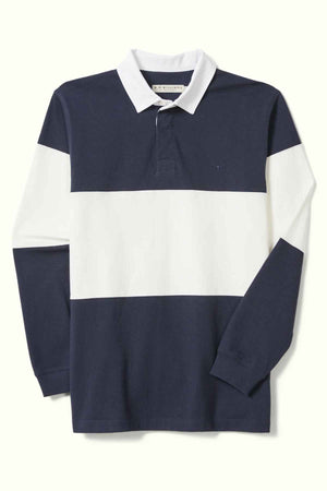 RM Williams Magnus Rugby in the colour Navy/White. Front view of Rugby