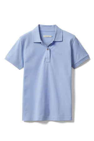 The RM Williams Margaret Polo is a light blue short sleeve shirt with a collar, two buttons, and a small Longhorn embroidery on the left chest, crafted from soft pique cotton. Laid flat against a white background.