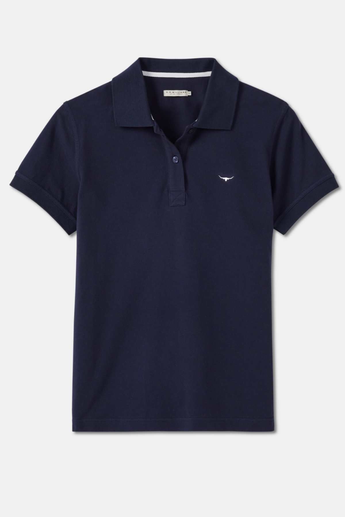 The RM Williams Margaret Polo is a navy blue cotton shirt with short sleeves and a small white whale logo on the left chest. Made from organic cotton, it features a classic collar and a front button placket with two buttons. Perfect for those who appreciate R.M.Williams' quality and design.