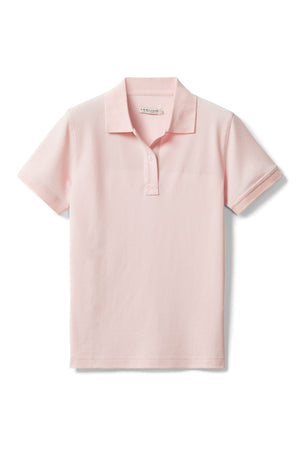 The RM Williams Margaret Polo is a light pink, short-sleeve pique shirt with a collar and three-button neckline, shown laid flat on a white background.