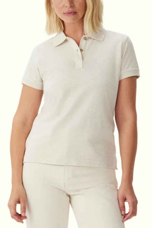 RM Williams Margaret Polo in the colour Oatmeal. Front view of model wearing polo shirt.