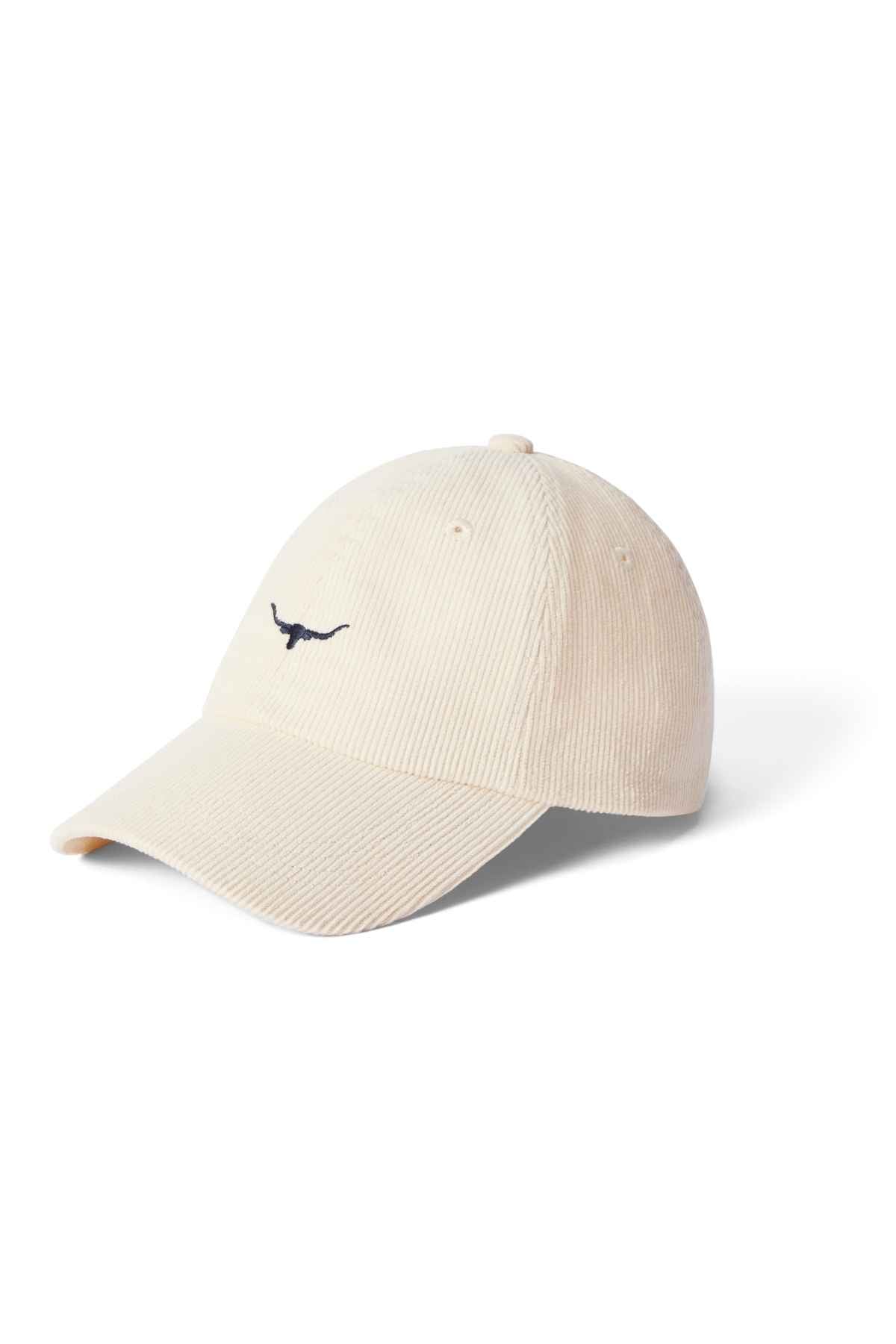 RM Williams Mini Longhorn Cord Cap in the colour cream. Front view of cap, angled