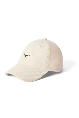 RM Williams Mini Longhorn Cord Cap in the colour cream. Front view of cap, angled