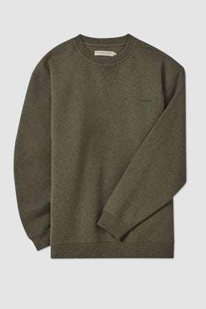 The RM Williams Mini Longhorn Sweatshirt, a neatly folded long-sleeve olive-green crewneck fleece, lies flat against a white background. This recycled cotton poly fleece features a minimalist design with a simple stitched V detail at the neck and a subtle small longhorn logo on the left chest.