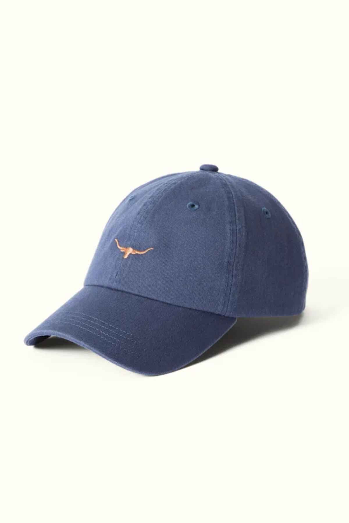 RM Williams Mini Longhorn Cap in the colour indigo. Front view of cap, angled.