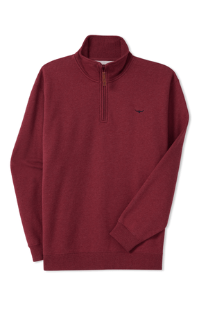 The maroon RM Williams Mulyungarie Fleece quarter-zip sweater features a small embroidered logo on the left chest, long sleeves, and a ribbed hem for comfort and style.