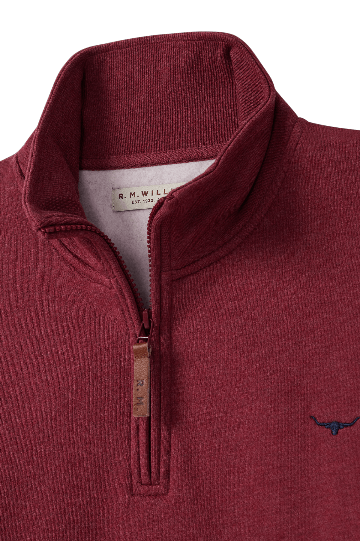 The RM Williams Mulyungarie Fleece is a maroon quarter-zip pullover made from soft cotton fleece. It has a ribbed collar, brown zipper pull, an embroidered bull head emblem on the left chest, and a light gray lining for style and comfort.