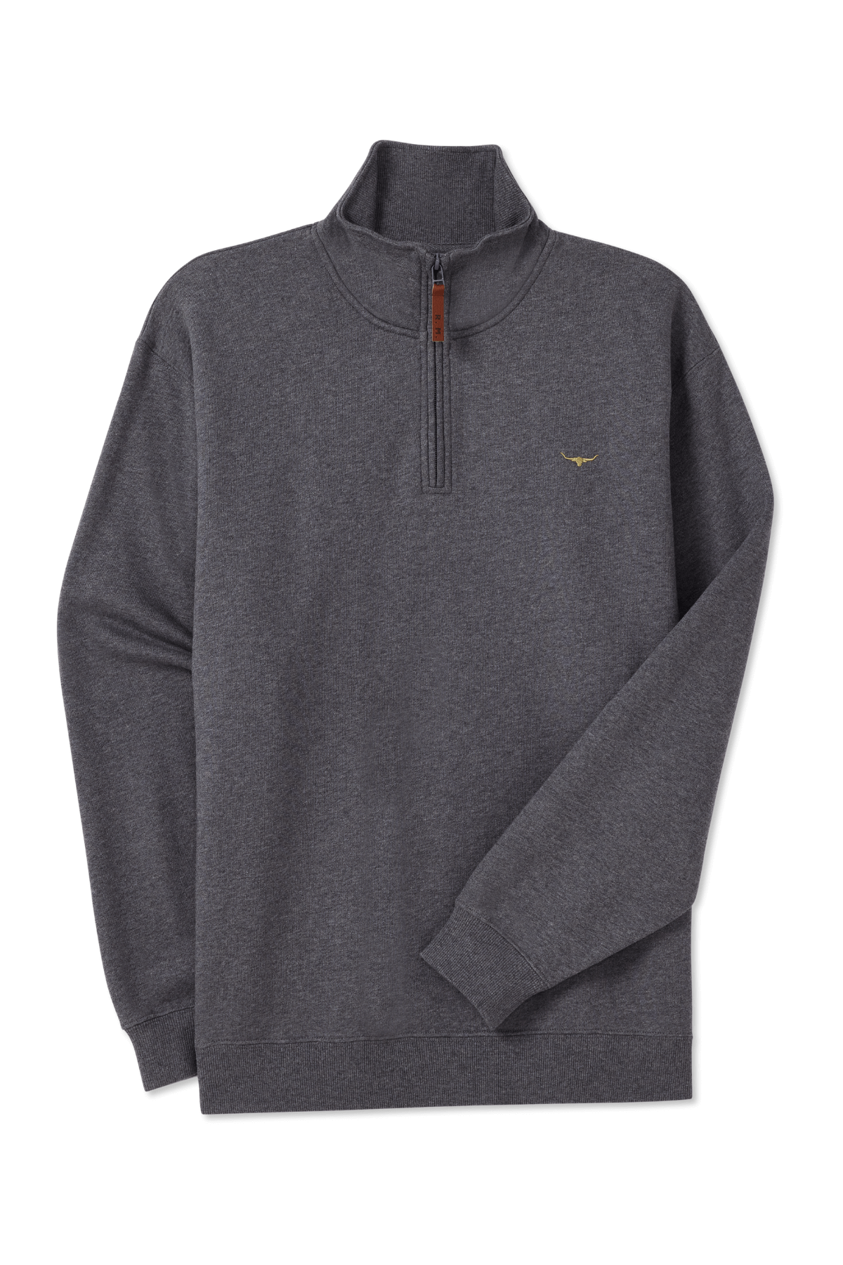 The RM Williams Mulyungarie Fleece is a dark gray quarter-zip sweatshirt with a stand-up collar, brown pull tab zipper, and an embroidered logo on the left chest. Made from brushed cotton fleece for a relaxed fit and long sleeves.