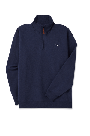 The RM Williams Mulyungarie Fleece is a navy blue quarter-zip pullover made from brushed cotton fleece, featuring a small embroidered whale logo on the left chest and ribbed collar, cuffs, and hem for comfort and style.