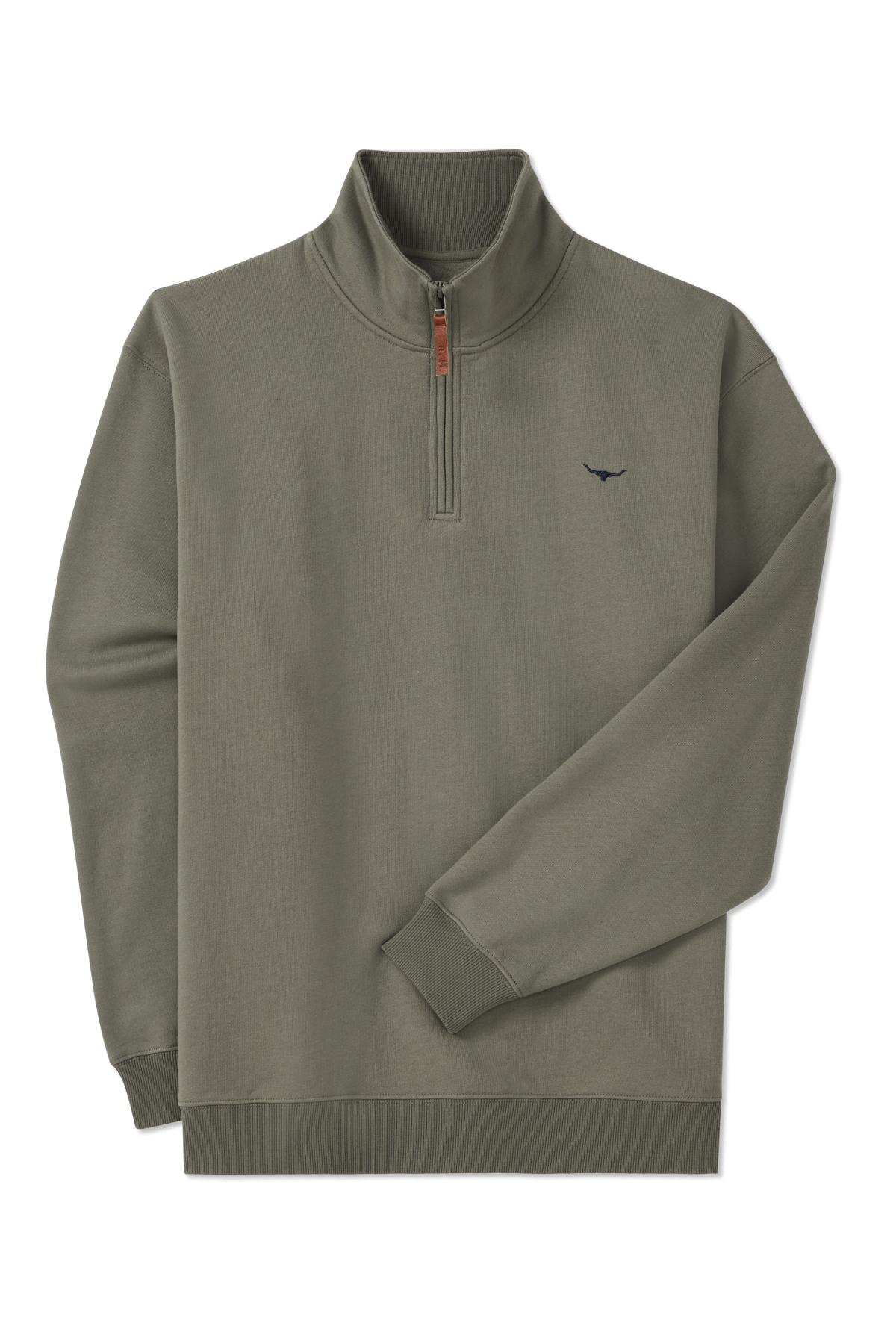 The RM Williams Mulyungarie Fleece is an olive green quarter-zip sweatshirt with a brown zipper pull, ribbed cuffs and hem, and a small dark embroidered logo on the left chest. Made from soft brushed cotton fleece.