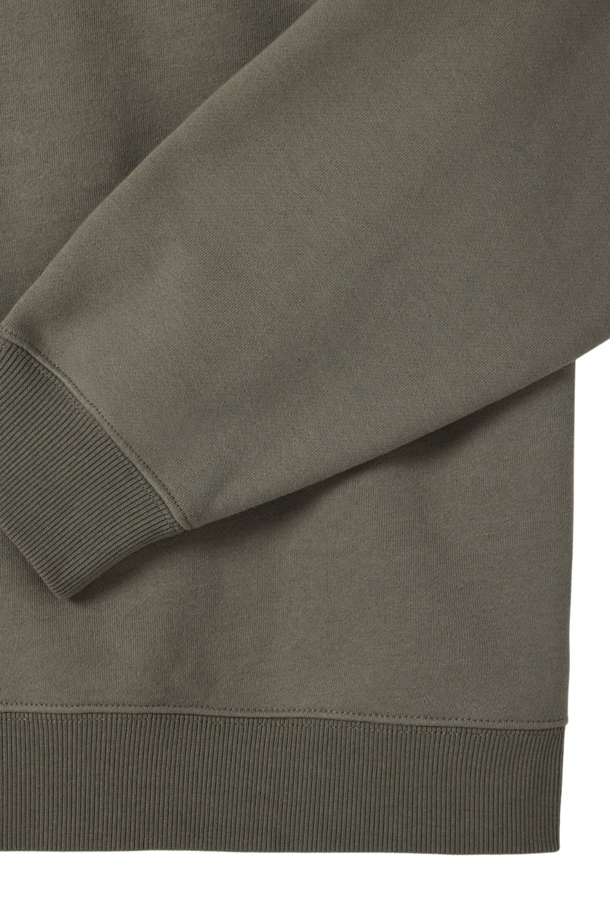 Close-up of the sleeve and hem of the olive green RM Williams Mulyungarie Fleece, highlighting ribbed cuffs, waistband, and its smooth brushed cotton fleece texture.