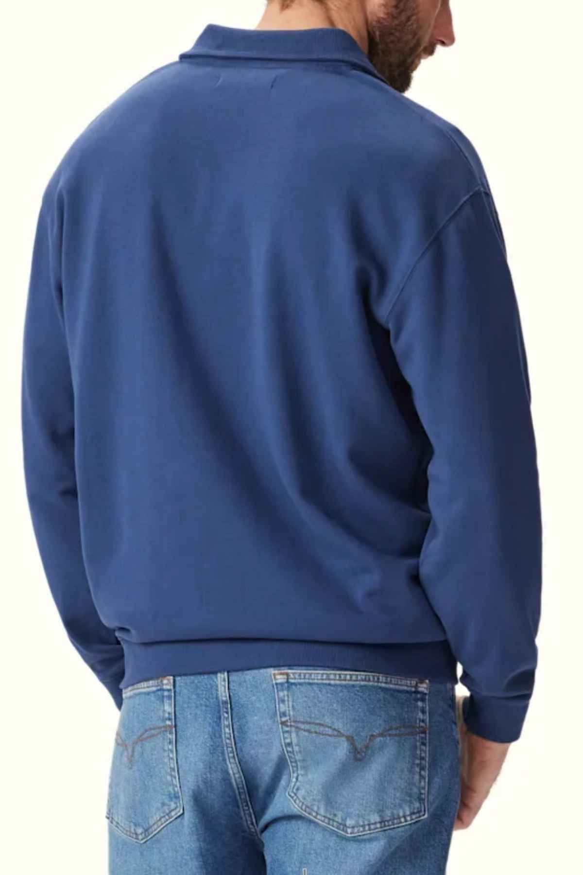 RM Williams Mulyungarie Fleece in the colour French Navy. Back view of model wearing jumper.