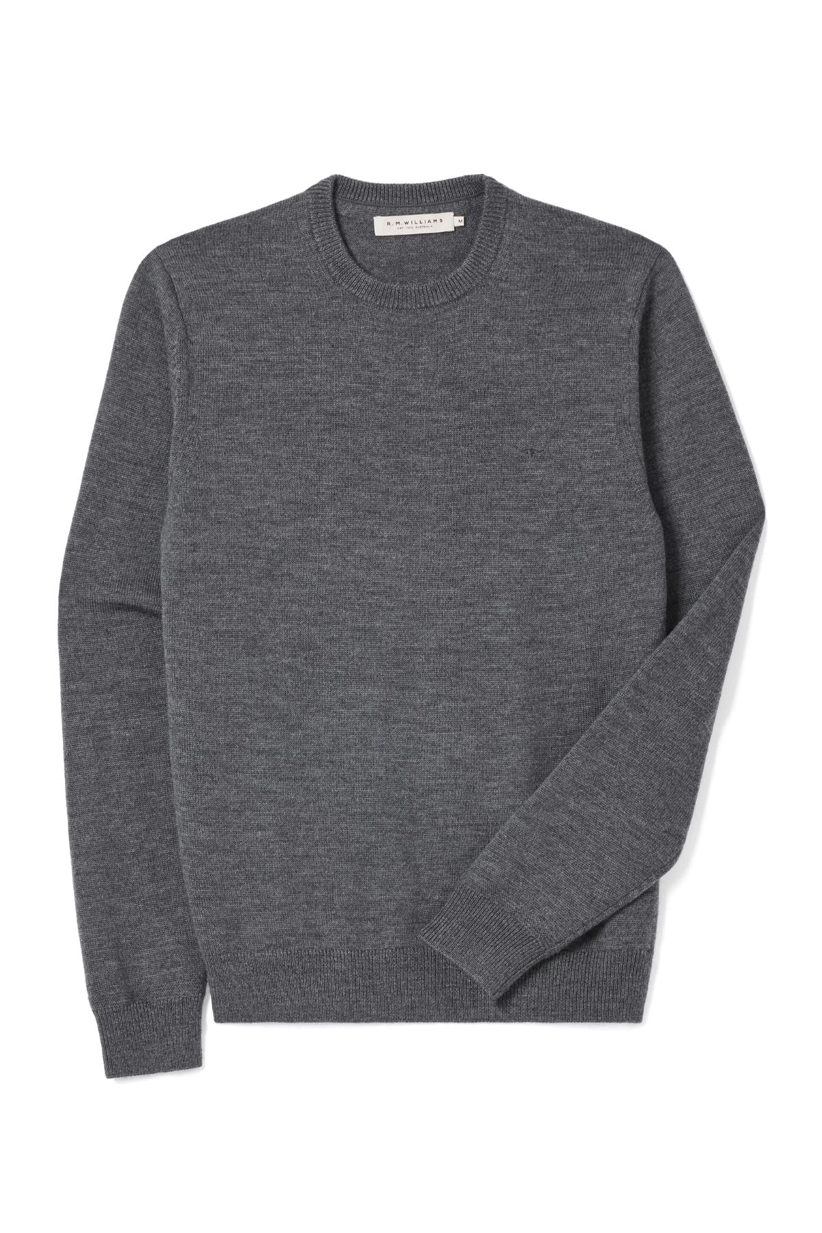 The RM Williams Murphy Merino Crew Knit is a heather gray, long-sleeved crewneck sweater shown laid flat on a white background.