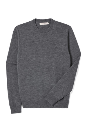 The RM Williams Murphy Merino Crew Knit is a heather gray, long-sleeved crewneck sweater shown laid flat on a white background.