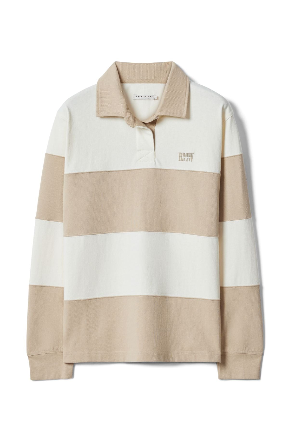The RM Williams Narran 4 Panel Rugby is a relaxed-fit, long-sleeve shirt with wide beige and off-white stripes, a beige collar, button placket, and small embroidered logo on the left chest.