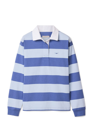 The RM Williams Narran Stripe Rugby is a long-sleeve organic cotton shirt featuring wide blue and light blue stripes, a brushed twill collar, and a small embroidered logo on the left chest.