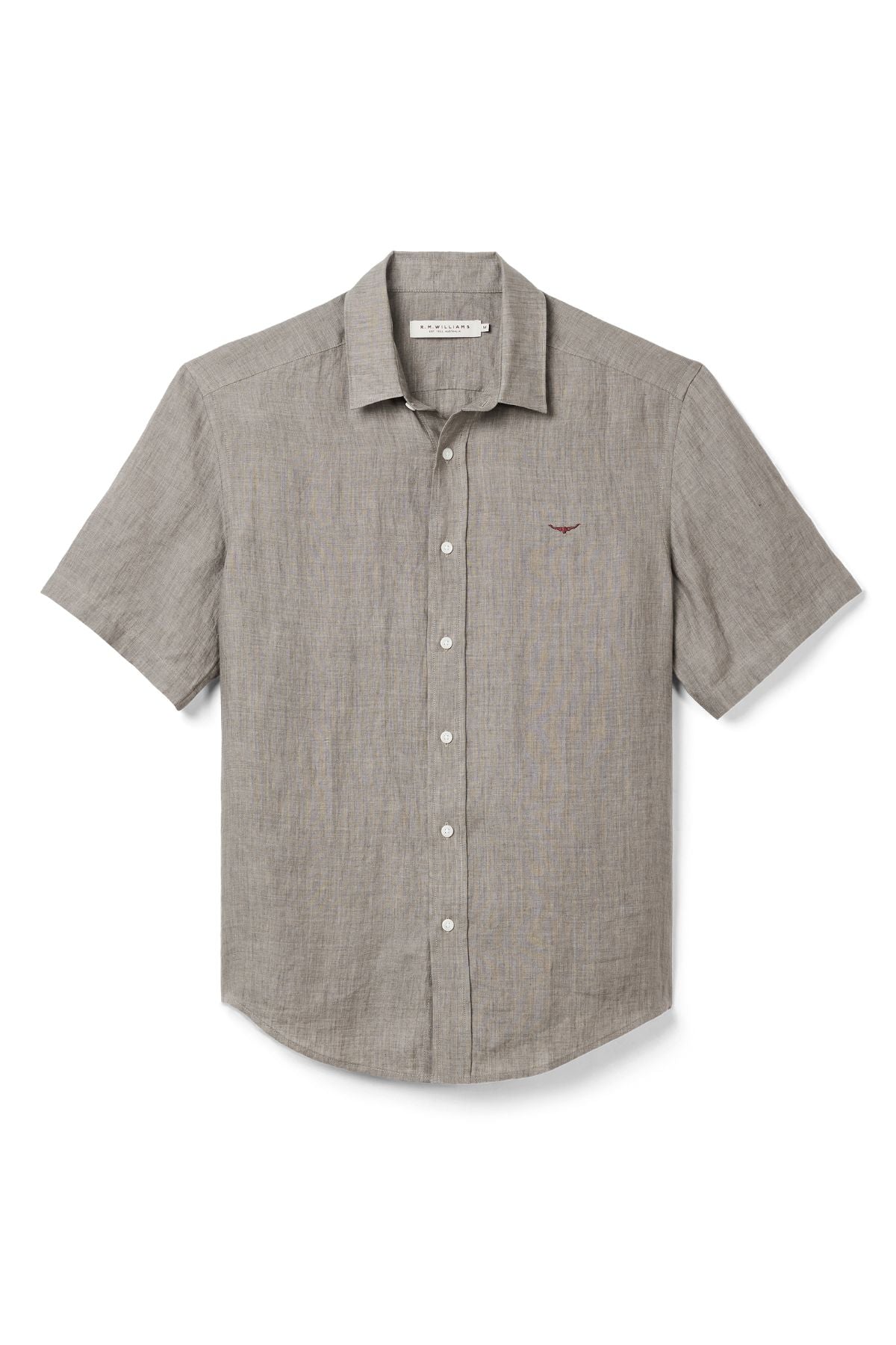 The RM Williams Newman Linen Short Sleeve Shirt features a relaxed fit, light gray French linen, short sleeves, a collar with white buttons, and a small embroidered logo on the left chest.