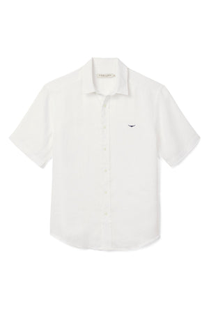 The RM Williams Newman Linen Short Sleeve Shirt is white with a collar, short sleeves, and a small dark embroidered logo on the left chest. This relaxed fit shirt is shown laid flat on a plain white background.