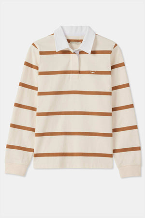 The RM Williams Nundle Rugby is a long-sleeve rugby shirt featuring a beige base color with horizontal brown stripes, complemented by a white collar and adorned with a small logo on the left chest area.