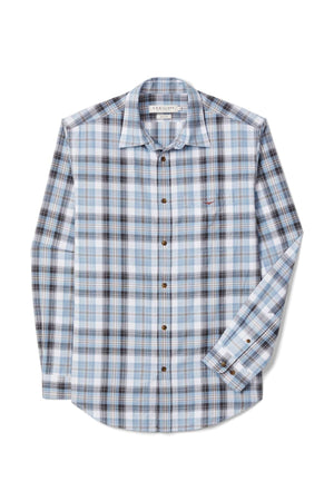 The RM Williams O'Connell Check Shirt is a long-sleeve, button-up with a blue, white, and black plaid pattern, brown buttons, a classic collar, and a single left chest pocket.