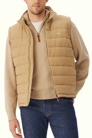 RM Williams Patterson Creek Vest in the colour Sandstone. Model wearing vest