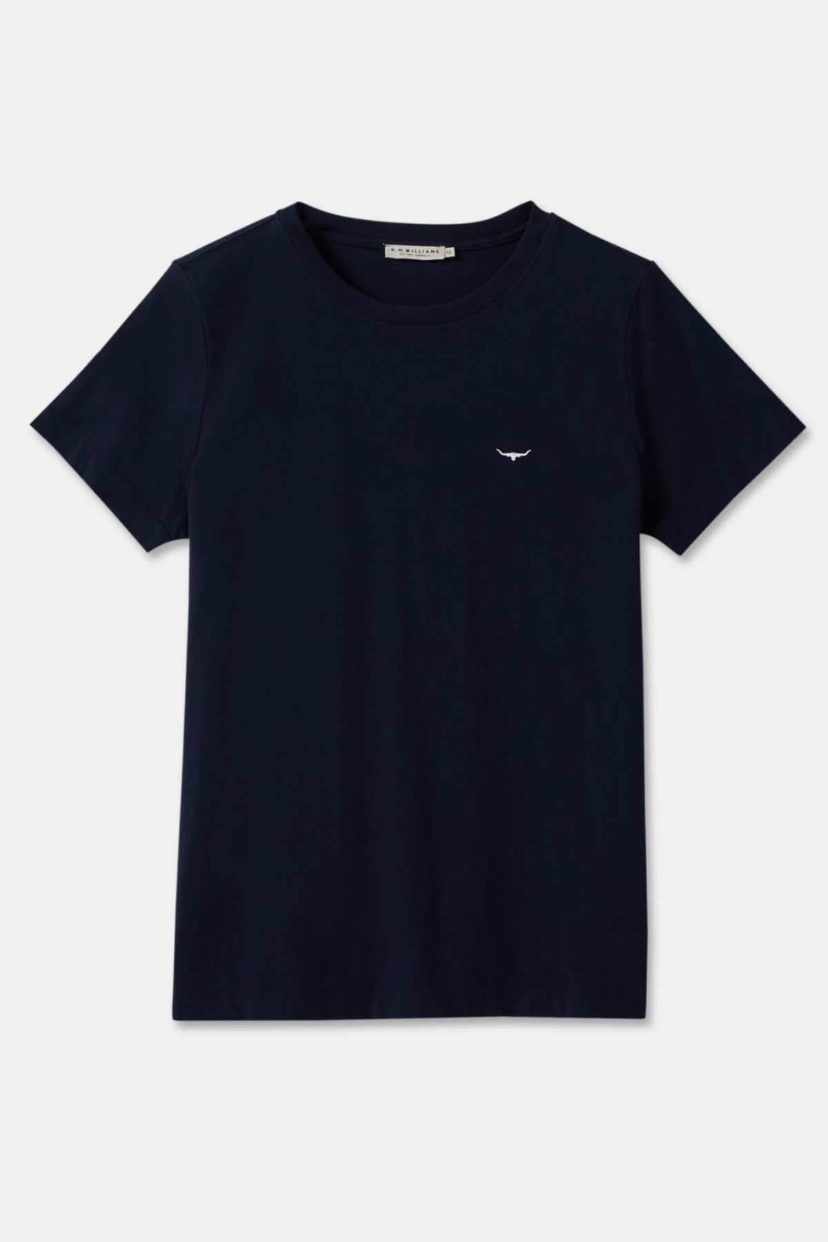 The RM Williams Piccadilly T-Shirt is a plain, dark navy blue short-sleeve everyday shirt. Made from organic cotton, it features a small, simple white logo of a horned animal on the left side of the chest against a plain white background.