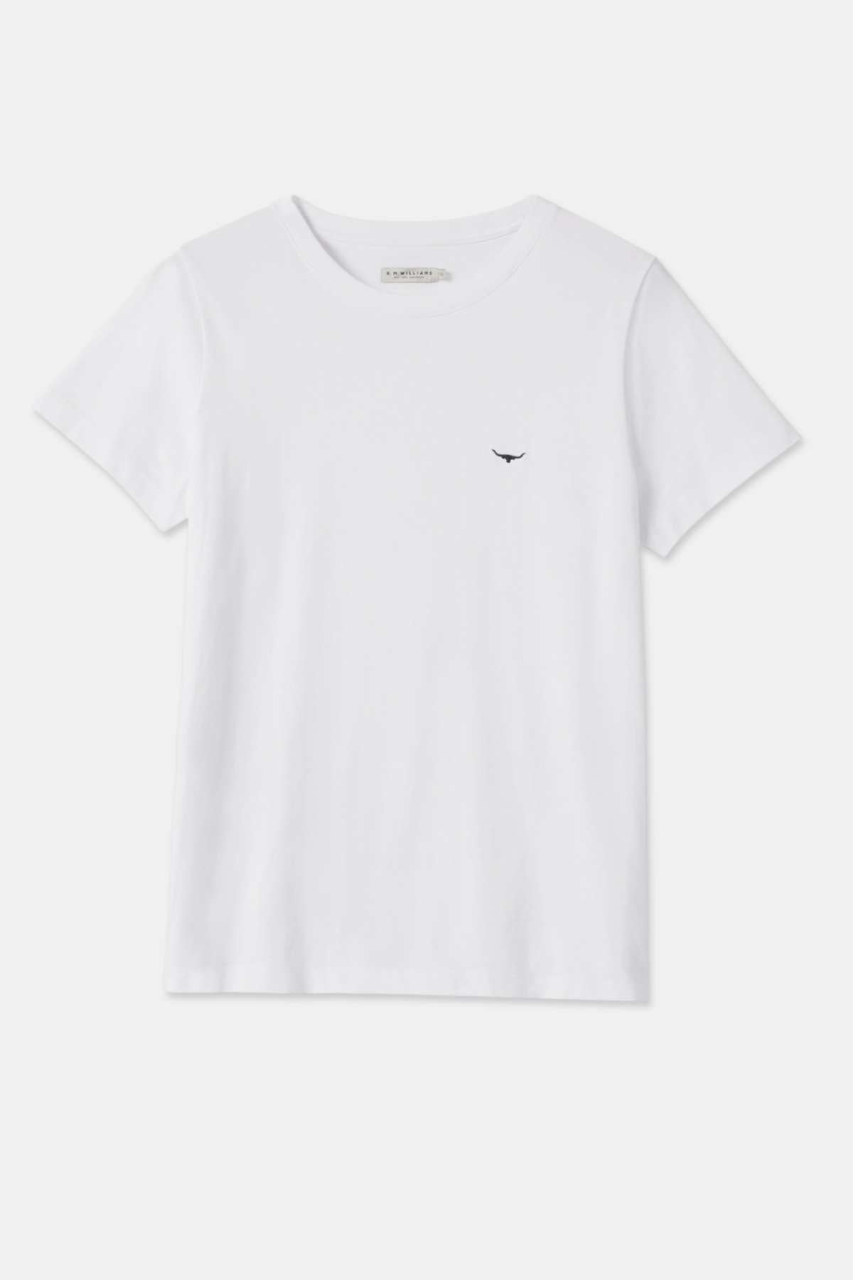 The RM Williams Piccadilly T-Shirt is a plain white, organic cotton crew-neck with short sleeves. It features a small black bird logo on the left chest area and is displayed against a white background to showcase its front view, making it an ideal choice for everyday wear.