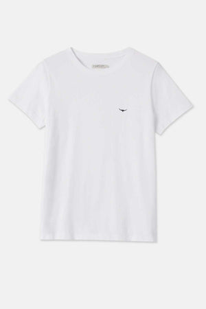 The RM Williams Piccadilly T-Shirt is a plain white, organic cotton crew-neck with short sleeves. It features a small black bird logo on the left chest area and is displayed against a white background to showcase its front view, making it an ideal choice for everyday wear.