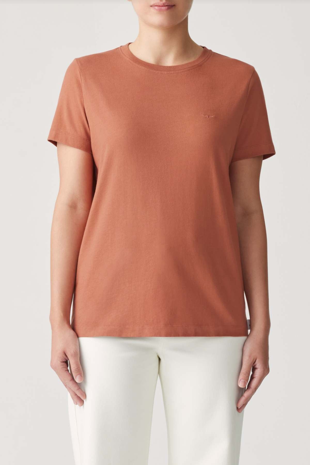 A person is wearing the RM Williams Piccadilly Tee, a plain rust-colored, short-sleeved T-shirt made of organic cotton, paired with off-white pants. The background is neutral, and their hands are by their sides.