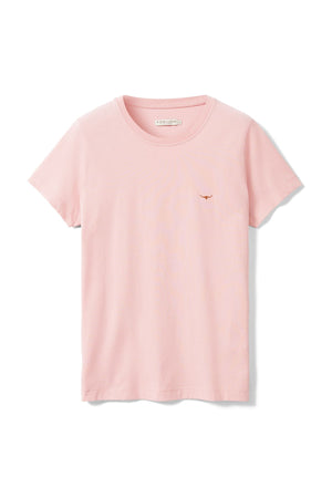 The RM Williams Piccadilly Tee is a plain light pink T-shirt crafted from Good Earth Cotton, with a small embroidered orange longhorn logo on the left chest, shown against a white background.