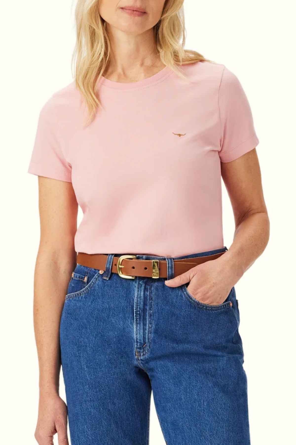 RM Williams Piccadilly Tee in the colour Rose. Front angle of model wearing t-shirt