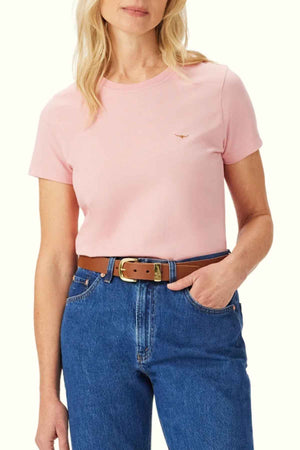 RM Williams Piccadilly Tee in the colour Rose. Front angle of model wearing t-shirt
