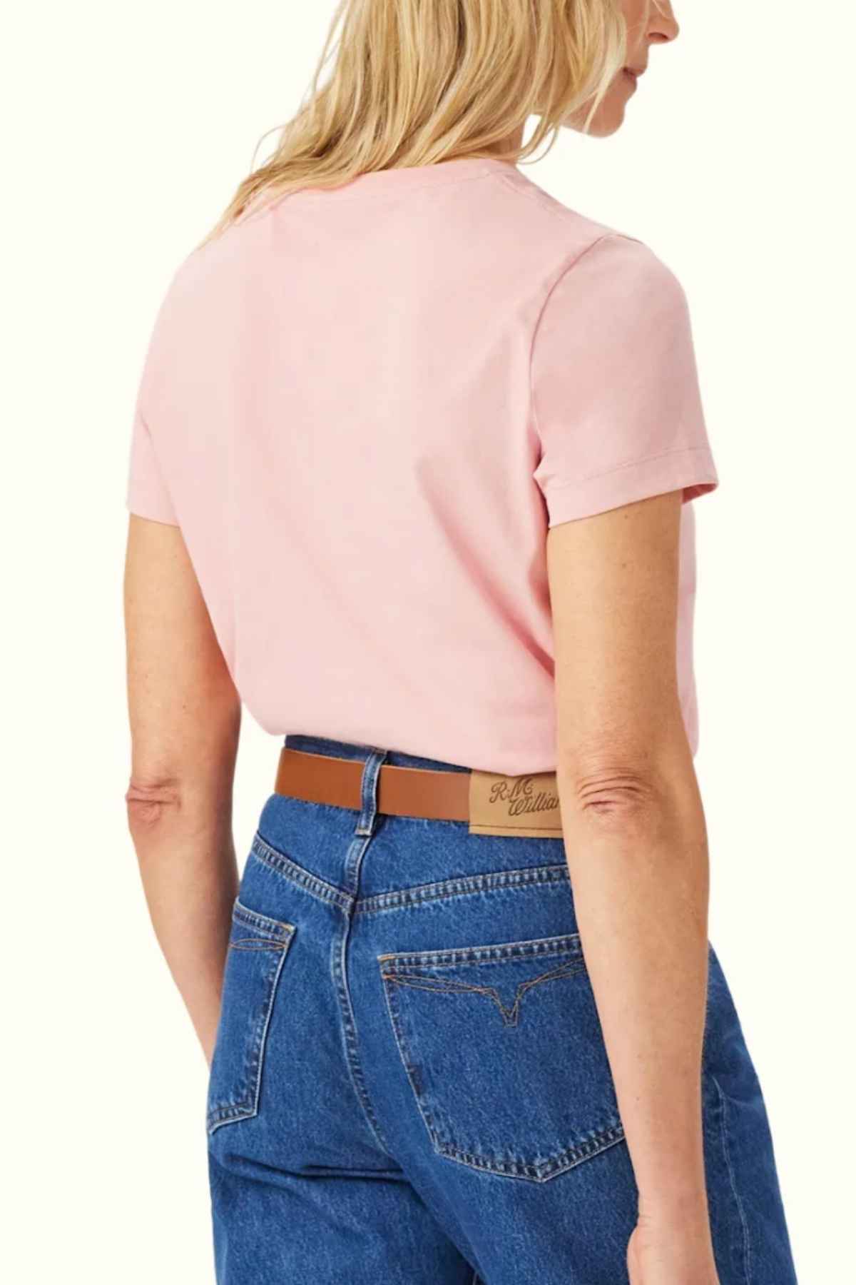 RM Williams Piccadilly Tee in the colour Rose. Back angle of model wearing t-shirt