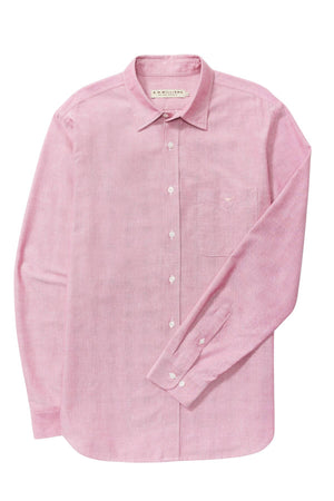 The RM Williams Regular Shirt is a light pink, long-sleeve, button-up slim fit dress shirt with a collar and single chest pocket, shown laid flat on a white background.