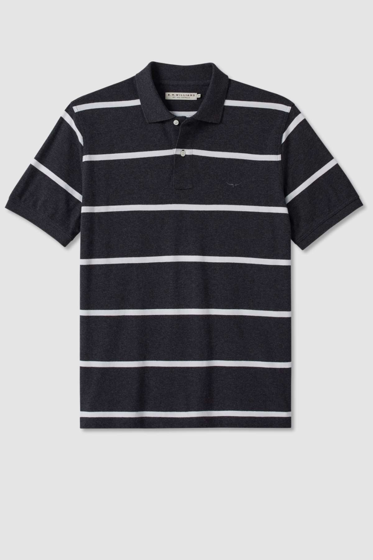 The RM Williams Rod Polo is a short-sleeve, dark gray cotton shirt with a collar and white horizontal stripes, displayed on a plain light gray background.
