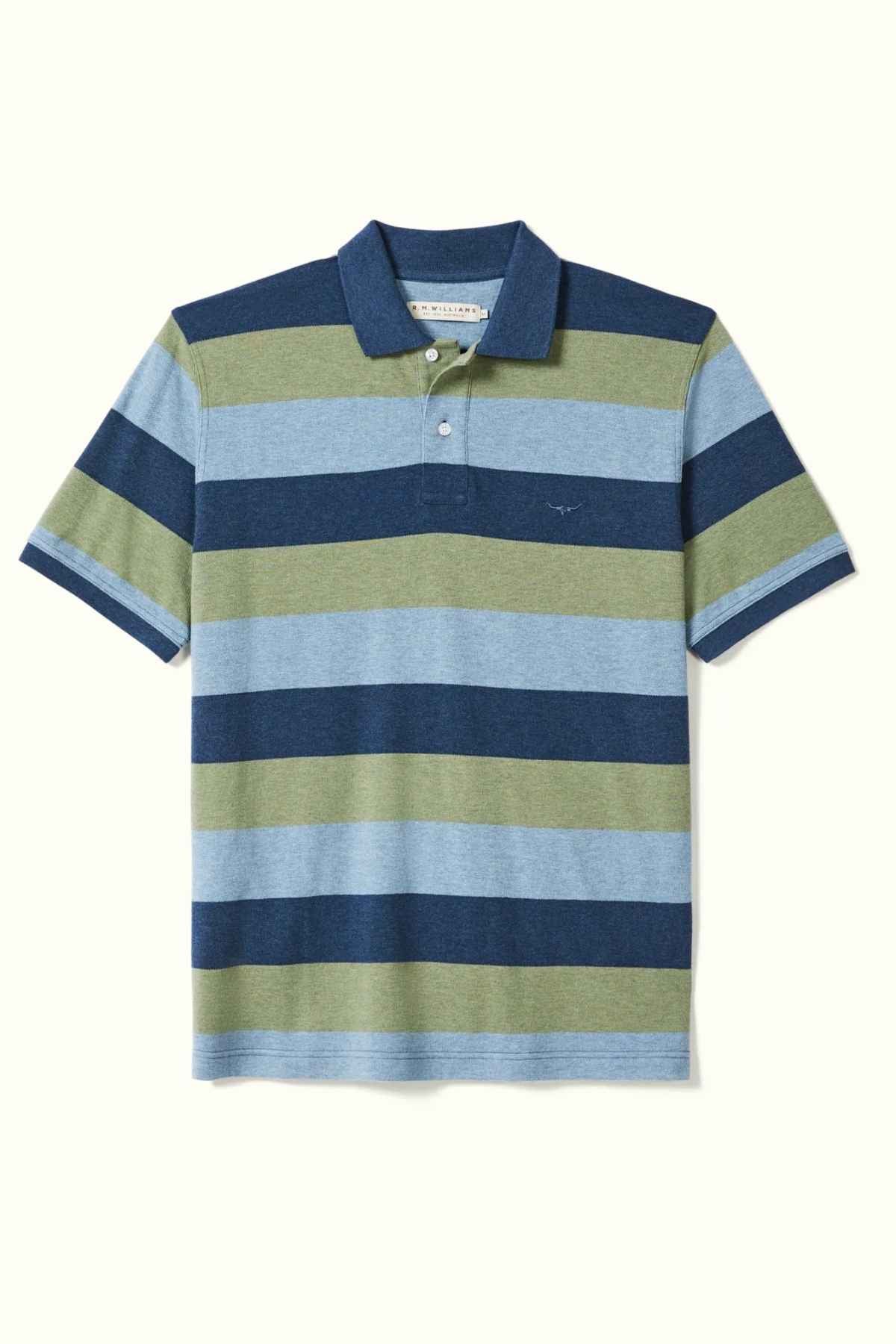 RM Williams Rod Polo in the colour Blue/green. Front angle of Polo.