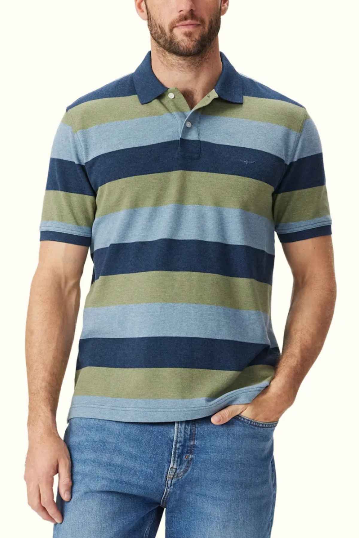 RM Williams Rod Polo in the colour Blue/green. Front angle of model wearing Polo.