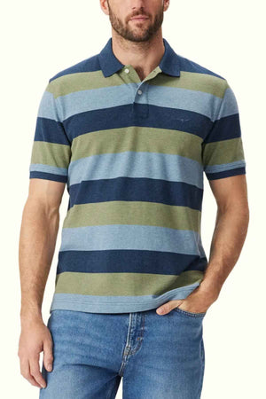RM Williams Rod Polo in the colour Blue/green. Front angle of model wearing Polo.