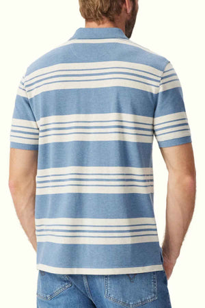 A man is standing with his back to the camera, wearing an RM Williams Rod Polo featuring short-sleeves, a collar, and blue and white horizontal stripes made from breathable cotton pique. He also has on blue jeans. His right arm is hanging by his side, and his left hand is partially tucked into his jeans pocket.