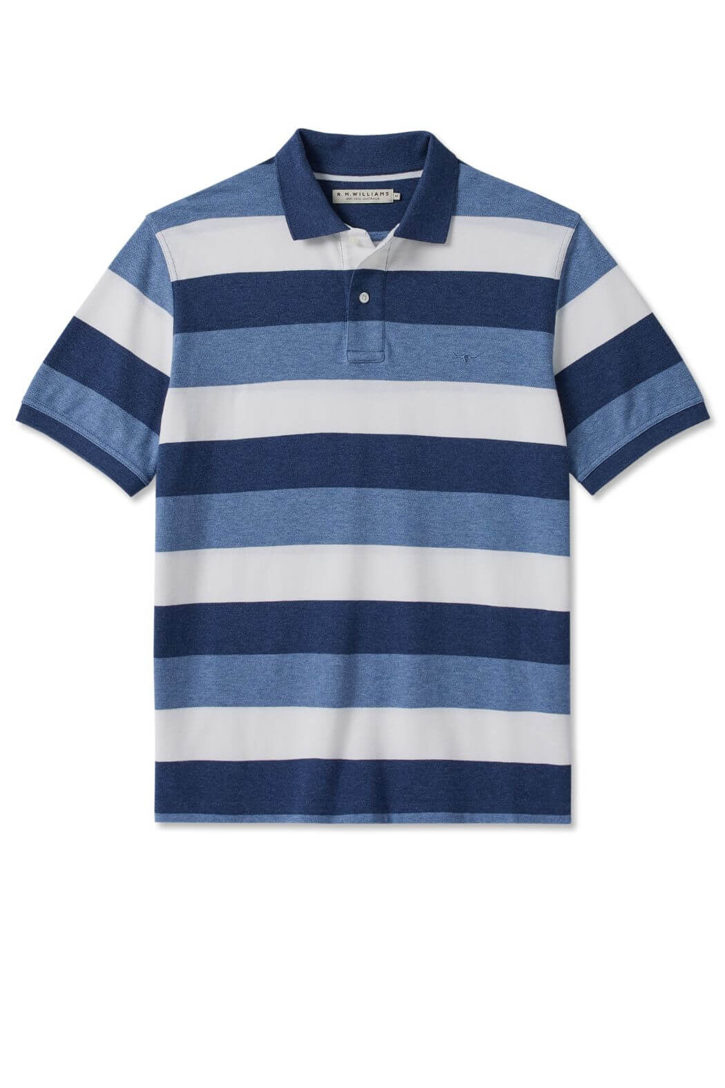 The RM Williams Rod Polo is a men’s short-sleeve cotton pique shirt with blue and white stripes, a collar, two-button placket, and subtle longhorn embroidery.