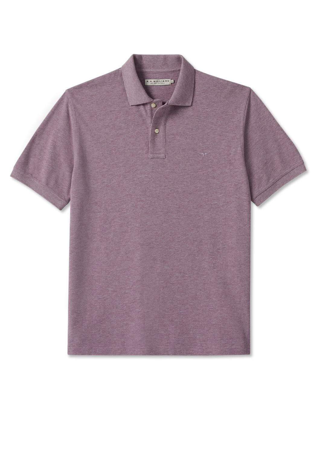 The RM Williams Rod Polo is a short-sleeved, light purple cotton shirt with a classic collar and three-button neckline, made from breathable pique fabric and shown laid flat on a white background.