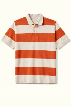 The RM Williams Rod Polo is a short-sleeve shirt made from organic cotton, showcasing wide horizontal stripes in orange and beige with a classic fit.