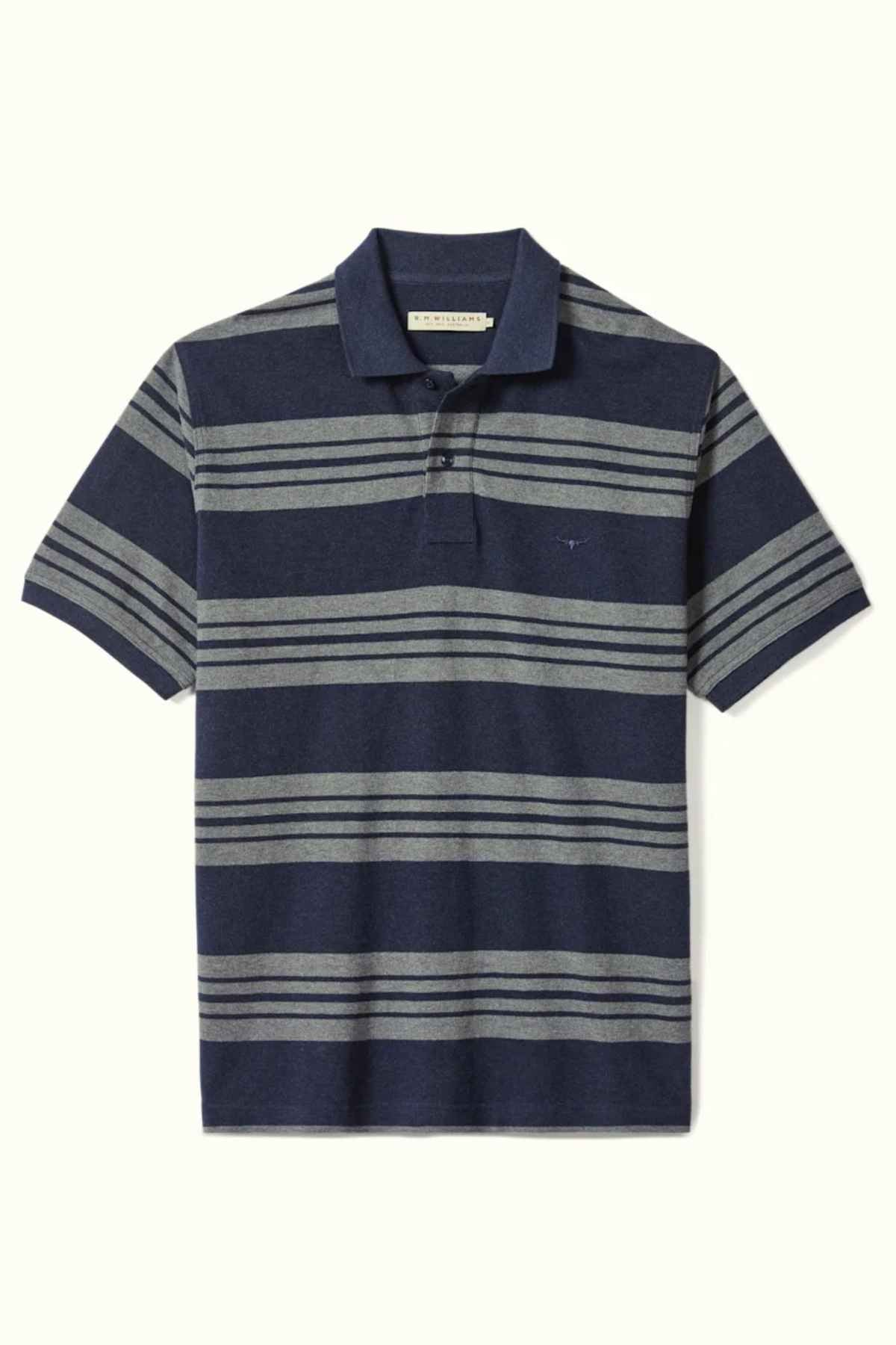The RM Williams Rod Polo is a navy blue cotton polo shirt adorned with thin, evenly spaced gray horizontal stripes and Longhorn embroidery. It features a collar, a partial button-up front, and short sleeves, made from breathable cotton for added comfort.