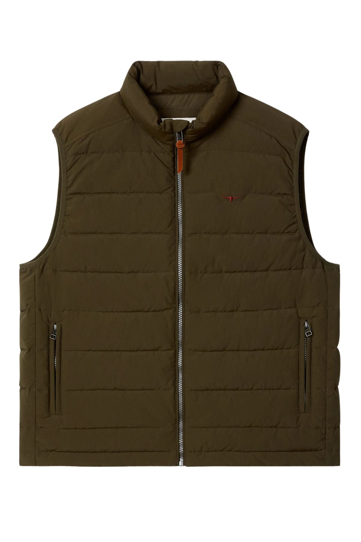 The RM Williams Rydal Padded Vest is a sleeveless olive green vest crafted from recycled nylon, featuring quilted filling, a front zipper, two zippered side pockets, an embroidered chest logo, and a stand-up collar.