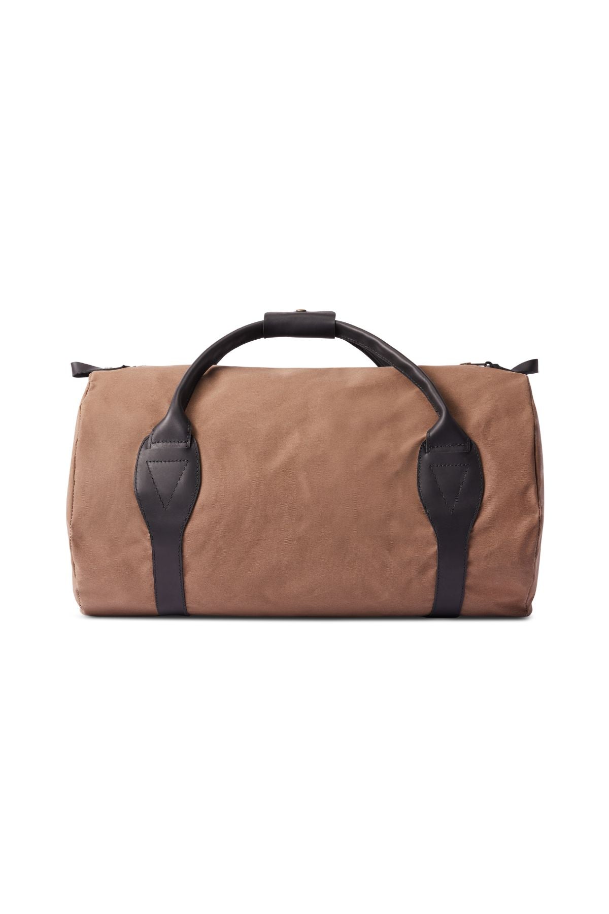 The RM Williams Sorrento Ute Bag is a tan utility canvas duffel with black leather trims and handles, displayed against a white background.